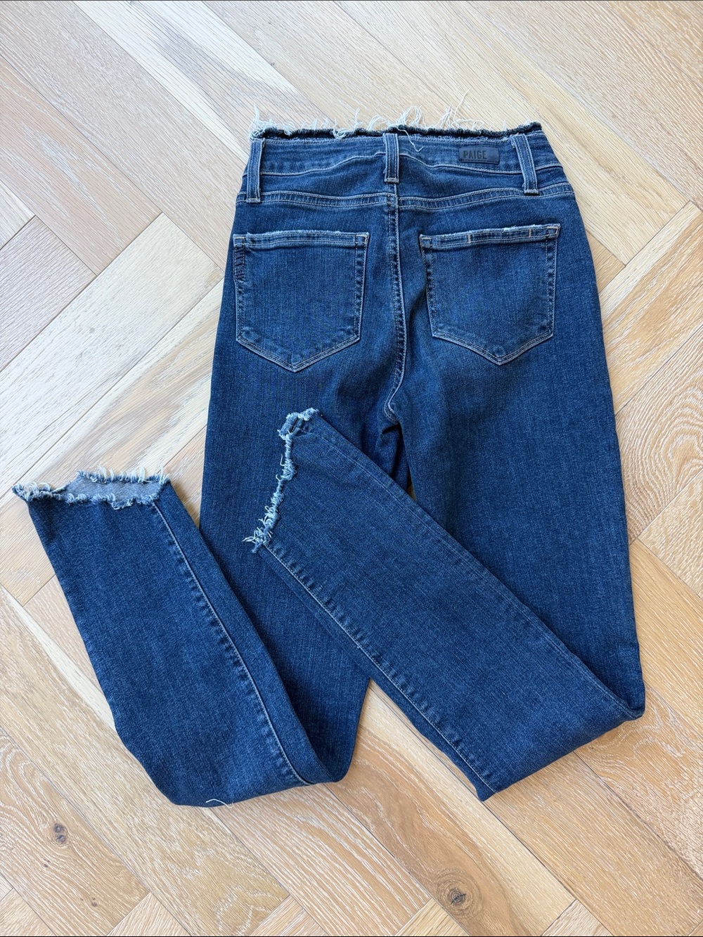 PAIGE Dark Blue Skinny Jeans with Frayed Ankles
